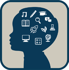 Illustration of a child's head with various educational icons.